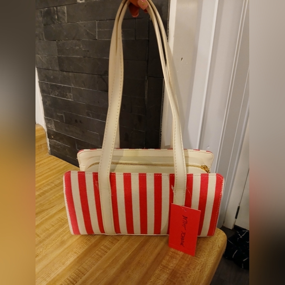Betsey Johnson Cream and Pink Striped Shoulder Bag - Picture 4 of 6
